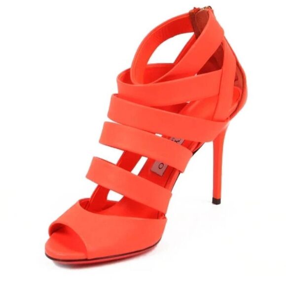 Jimmy Choo Neon Flame Nappa Caged Leather Sandals Heels Size 36.5 US 6.5 - Picture 6 of 16